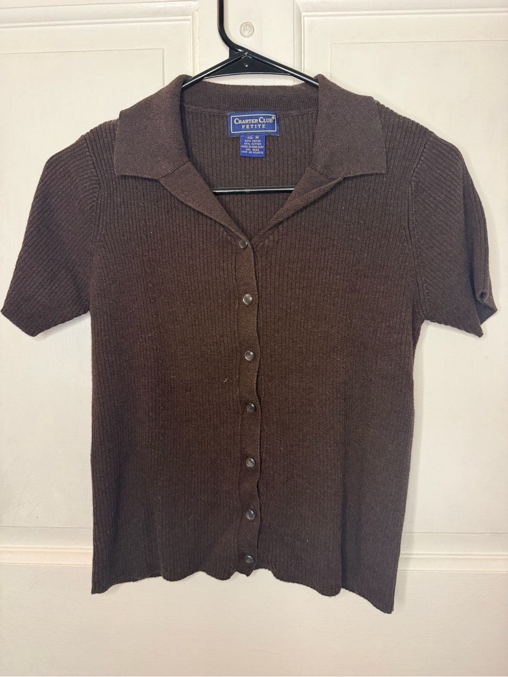 Charter Club Petite Cotton Blend Dark Brown Short-Sleeve Button-Up Knit Cardigan